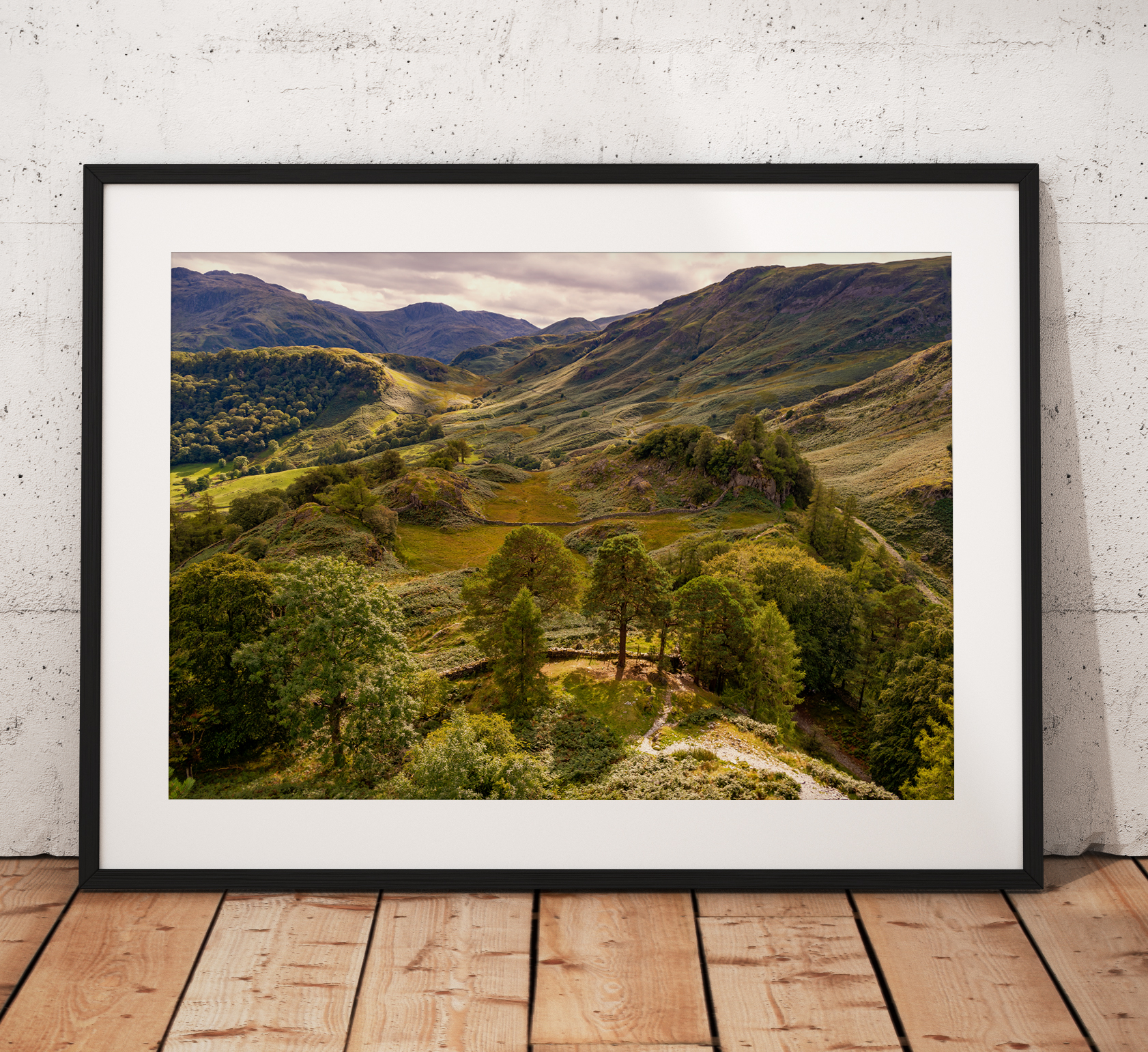 Photo looking into beautiful Borrowdale Valley from Castle Crag, Lake District. UK