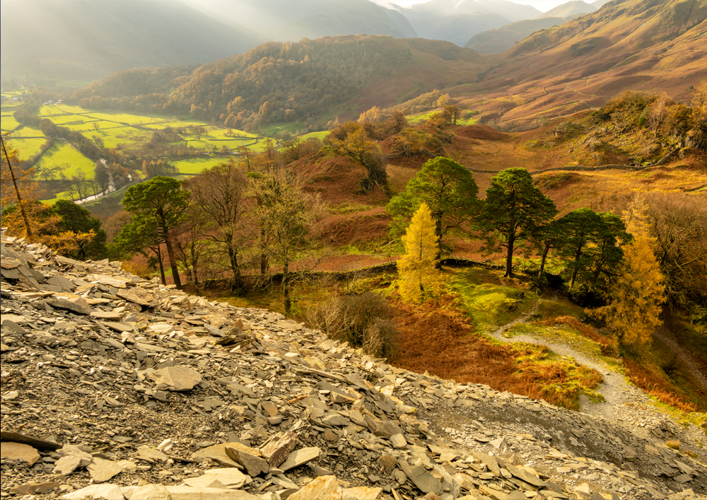 Morning view from Castle Crag looking into a beautiful autumnal Borrowdale Valley in the Lake District, UK