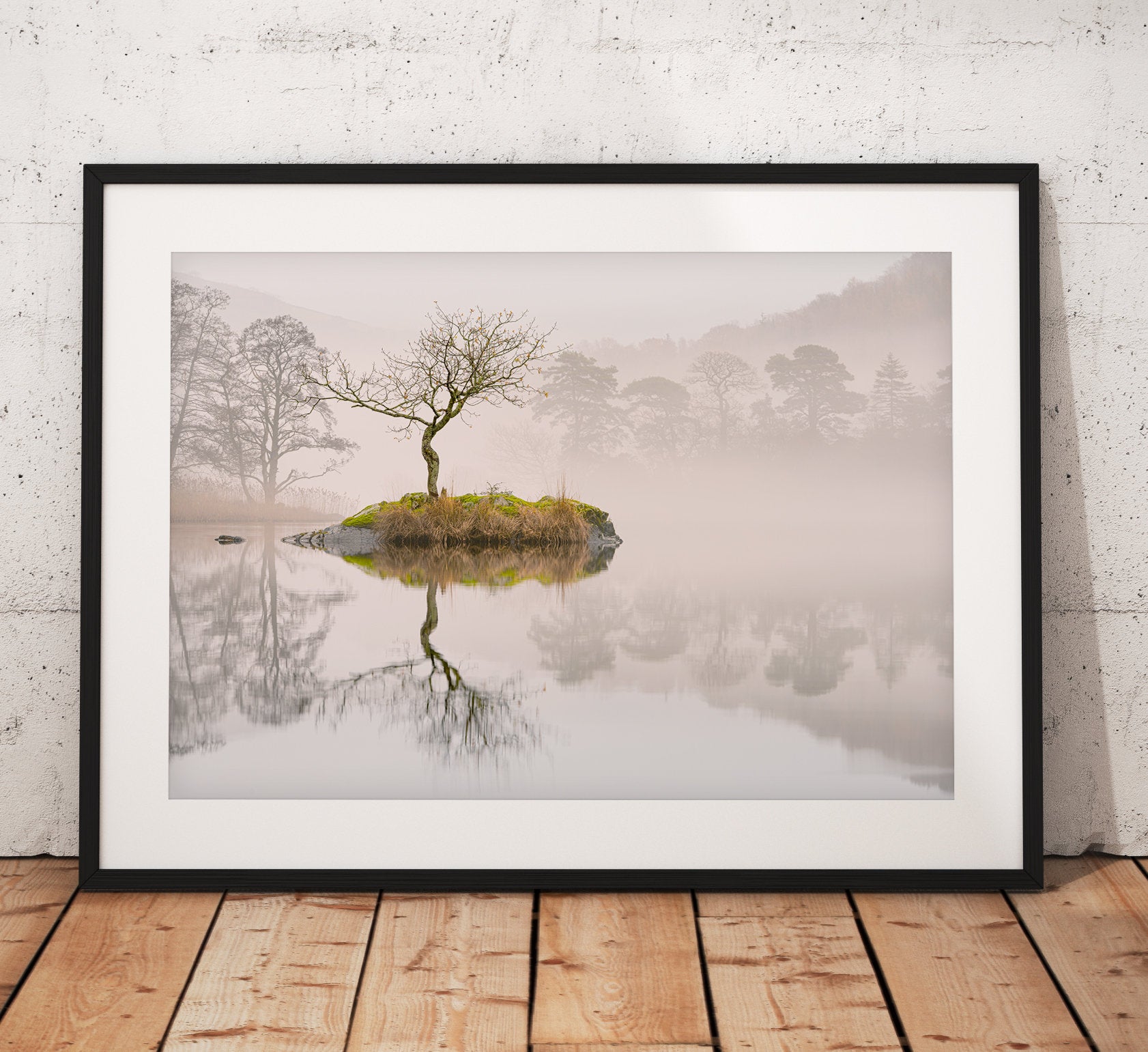 Beautiful calm misty lone tree landscape photograph taken on Rydal Water, Lake District, England. Wall Art