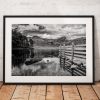 Blea Tarn view towards Great Langdale Mountains. Lake District, Cumbria, England. Landscape Photo. Mounted print. Black and white. Wall Art.