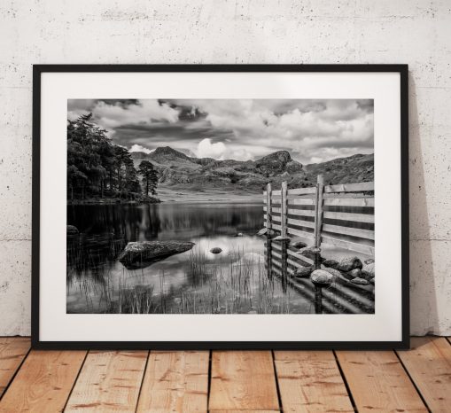 Blea Tarn view towards Great Langdale Mountains. Lake District, Cumbria, England. Landscape Photo. Mounted print. Black and white. Wall Art.