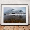 Buachaille Etve Mor mountain and climbers cottage in Glencoe , Scottish Highlands. Photo print