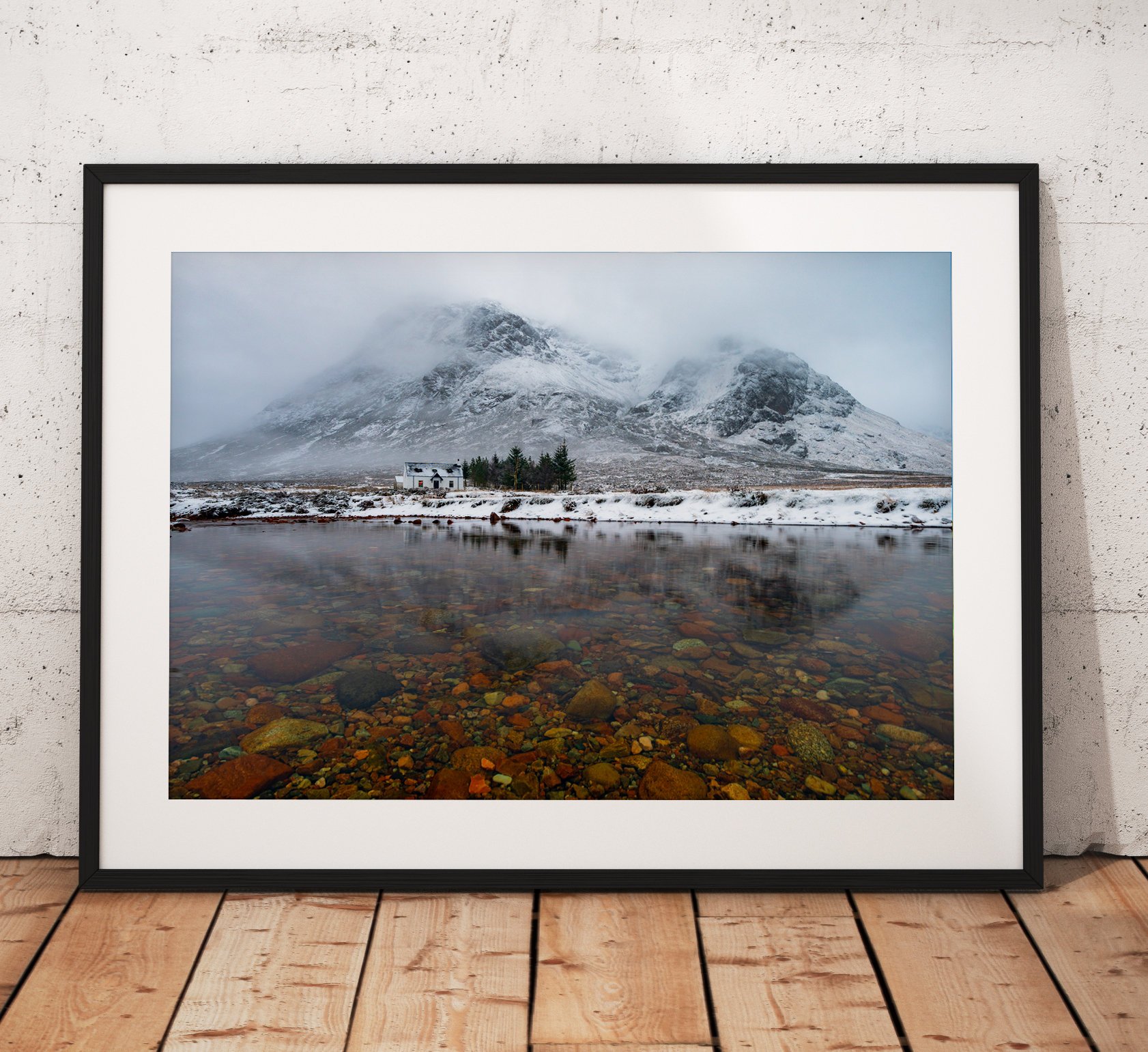 Buachaille Etve Mor mountain and climbers cottage in Glencoe , Scottish Highlands. Photo print