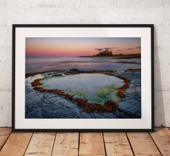 Coast Landscape Photography, Bamburgh Castle beach rockpool , Northumberland England. Landscape Photo. Mounted print. Wall Art.
