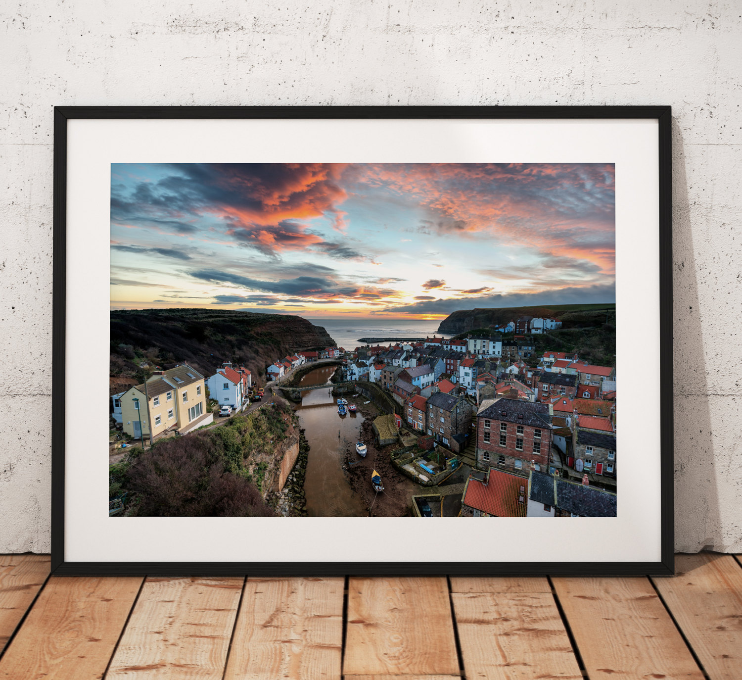 Coastal landscape Photograph of Staithes village/ Print/ Sunrise/ North York Moors/ England/ Photo/ Mounted print/ Wall Art.