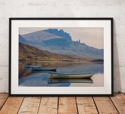 Isle of Skye Landscape photo showing rowing boat reflections and Old Man of Storr, Scotland, Scottish Highlands, UK. Wall Art photography