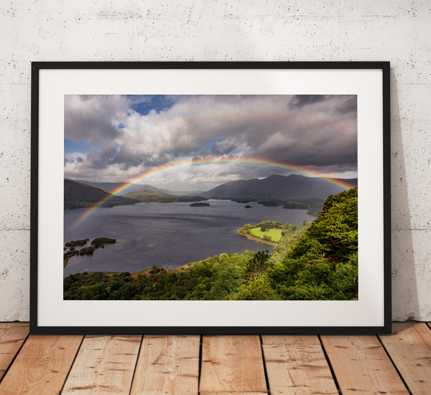Lake District Landscape Photography, Derwentwater, Catbells, Cumbria, Rainbow,  England. Landscape Photo. Mounted print. sunrise.