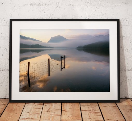 Lake District Photography showing a misty sunrise over Buttermere lake with Haystacks mountain in the distance. Wall Art, United Kingdom