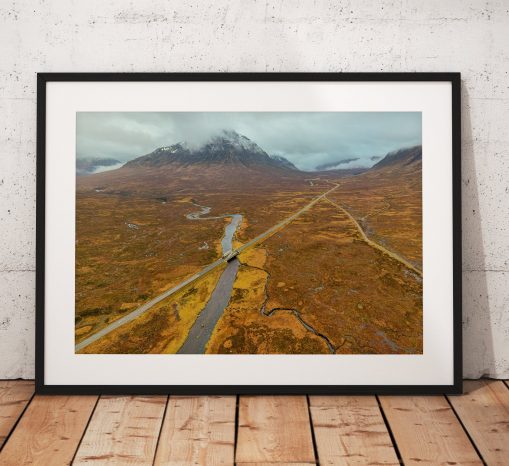 Landscape Photograph of Glencoe Valley in the Scottish Highlands. Showing an autumnal Buachaille Etve Mor in the background. Wall Art print