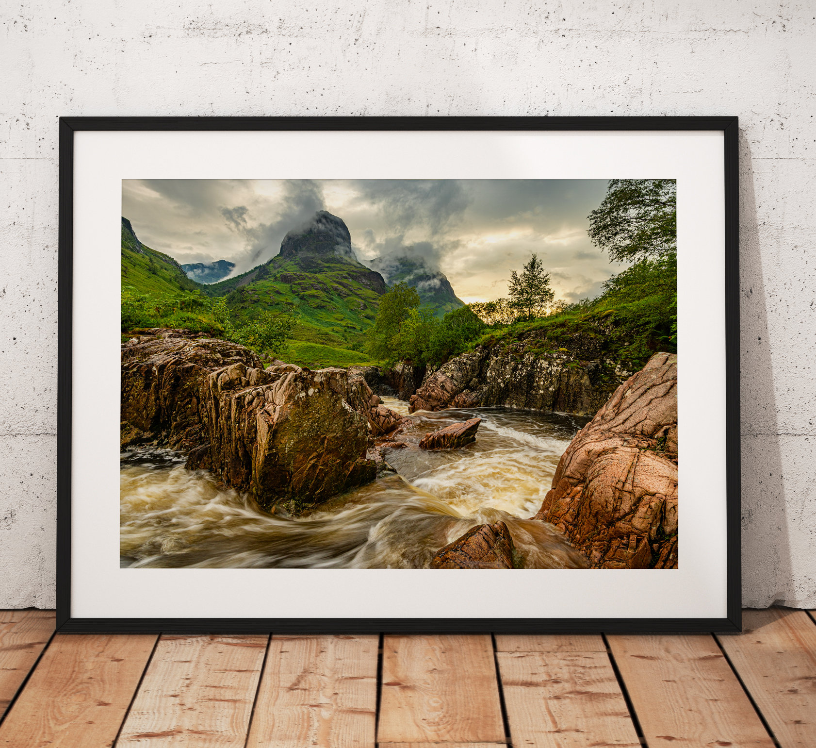 Northern Wild landscape Photography - The dramatic Three Sisters mountains in Glencoe during a storm, Scottish Highlands. Scotland. Wall Art