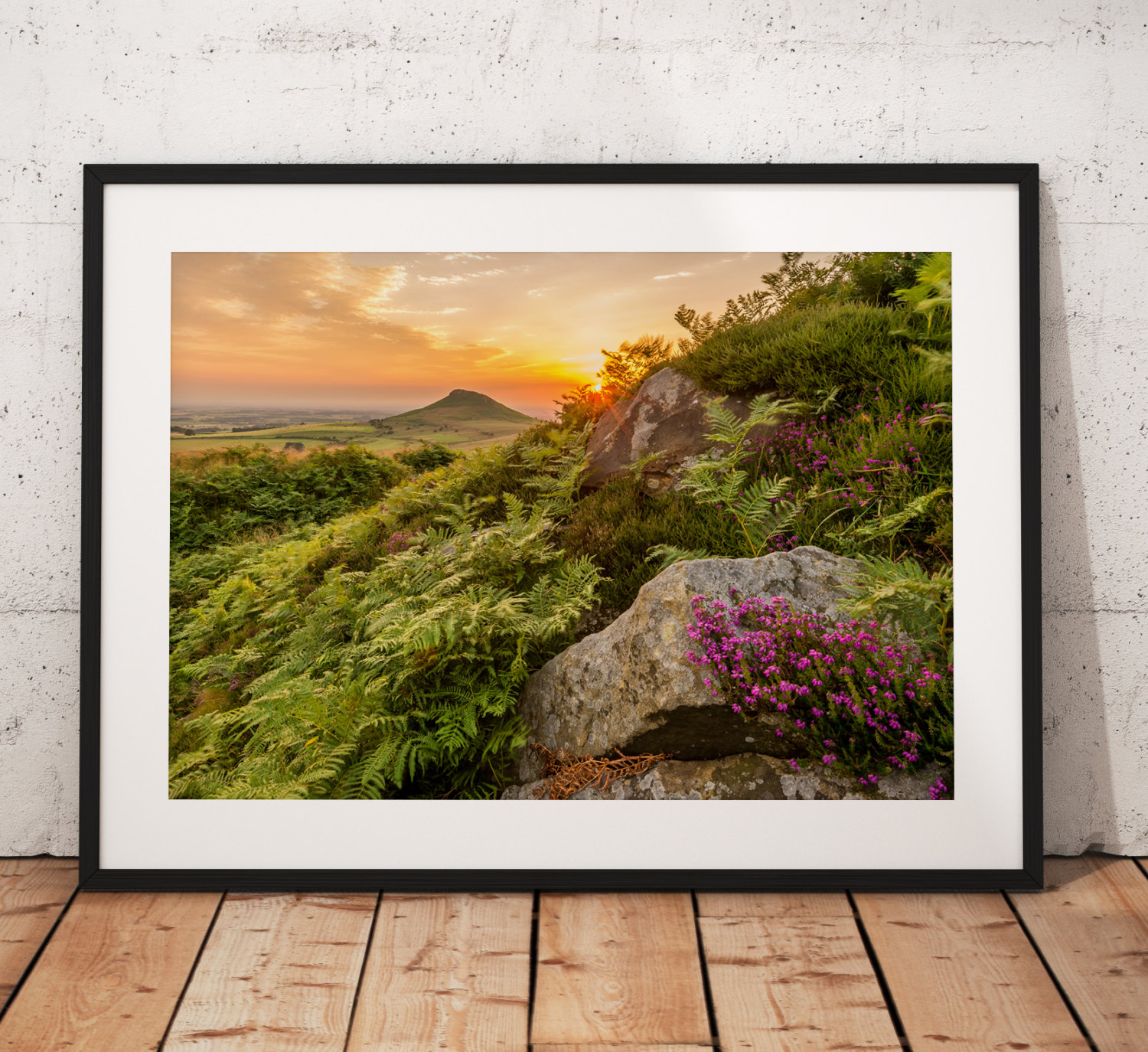 Landscape photography print Roseberry Topping Sunset glow  Heather wild flower North York Moors English countryside mounted fine art print