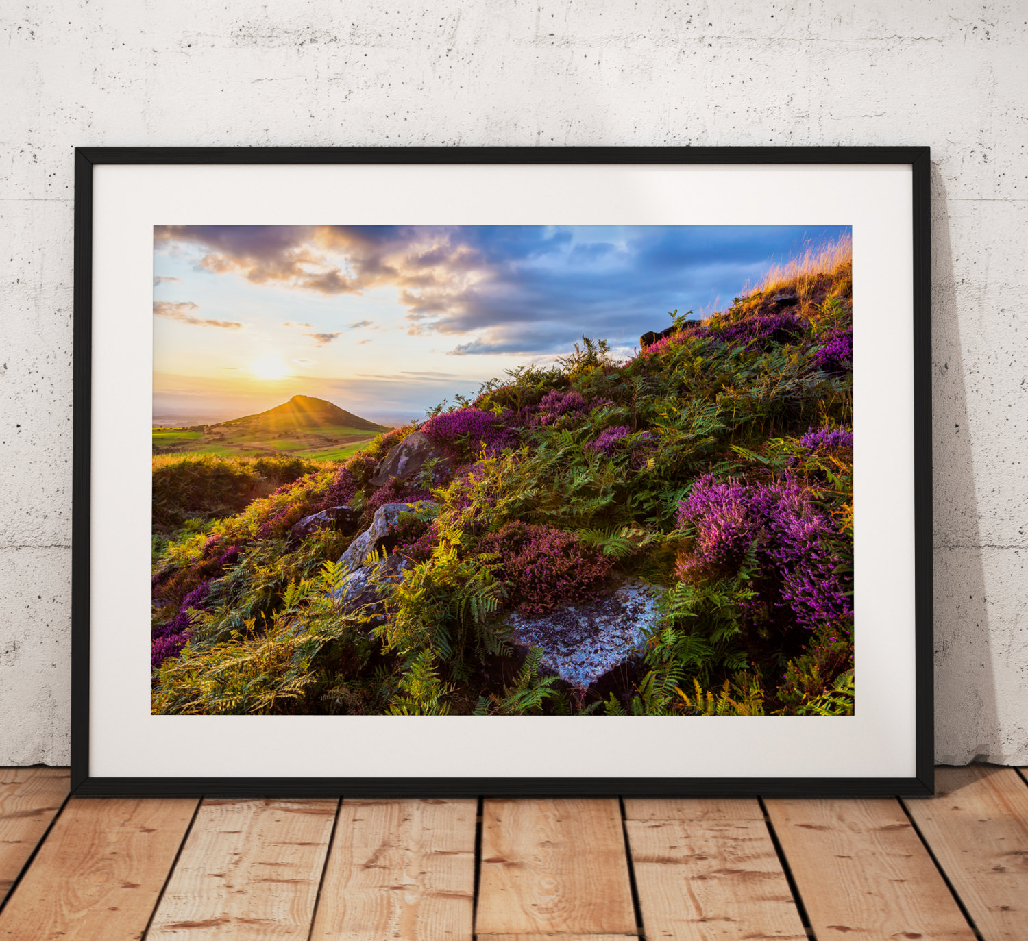 Landscape photography print Roseberry Topping Sunset Heather wild flower North York Moors English countryside mounted fine art print