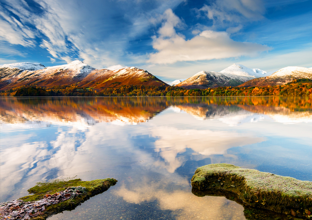Lake District Landscape Photography, Derwentwater, Reflection, Snow, Winter, Cumbria, England. Landscape Photo. Mounted print. Wall Art.