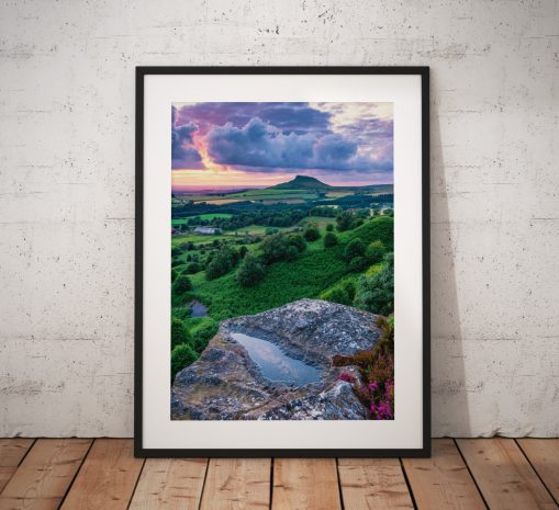 North York Moors Landscape Photography Roseberry Topping, heather, Countryside , England. Landscape Photo, Mounted print. Wall Art.