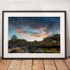 Northumberland  Photography, Bamburgh lighthouse, Stag rock, Coast, Sea, Sun, England. Landscape Photo. Mounted print. Wall Art.