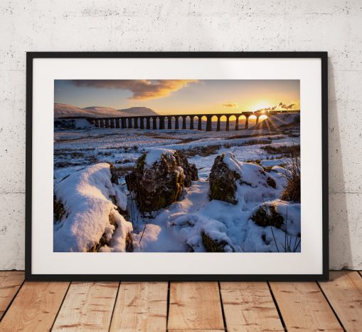 Photo of a Steam train passing over Ribblehead Viaduct in the Yorkshire Dales during a winter sunset. England, Fine Art, Home Decor