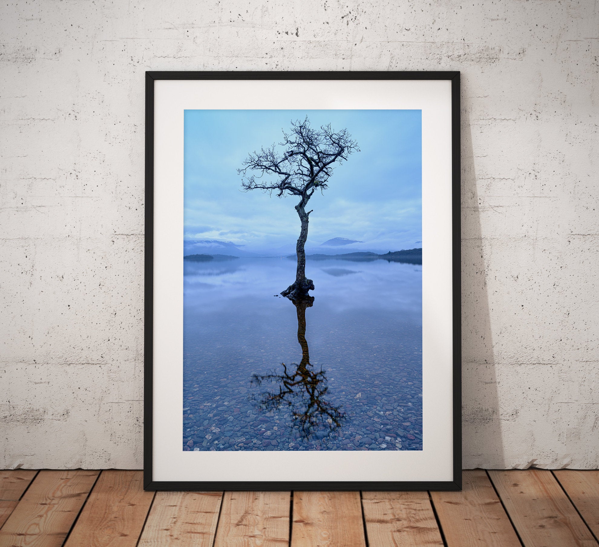 Scotland Landscape photograph, Loch Lomond lone tree reflection misty scene. Beautiful Scottish highlands. Wall art, fine art print