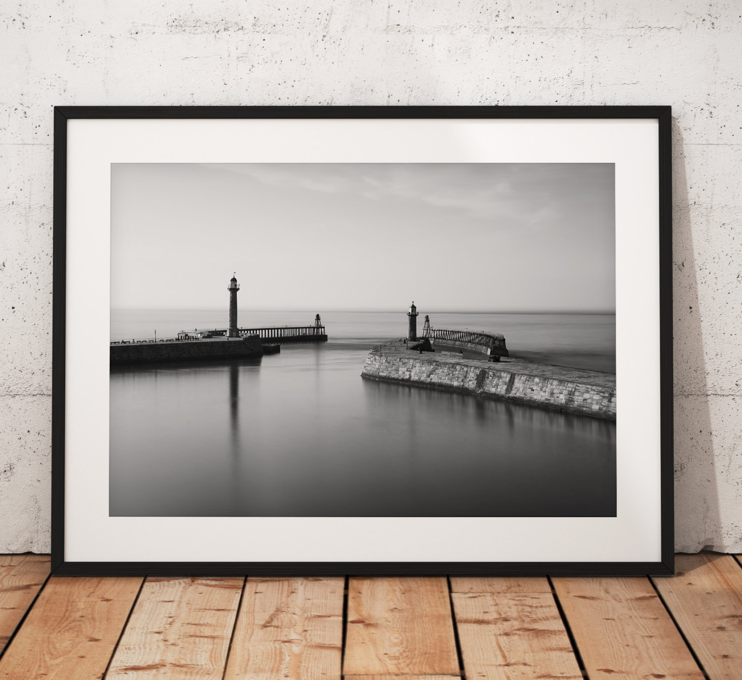 Seaside landscape photography Whitby Pier. North York Moors, England. Landscape Photo. Black and White long exposure. Wall Art.