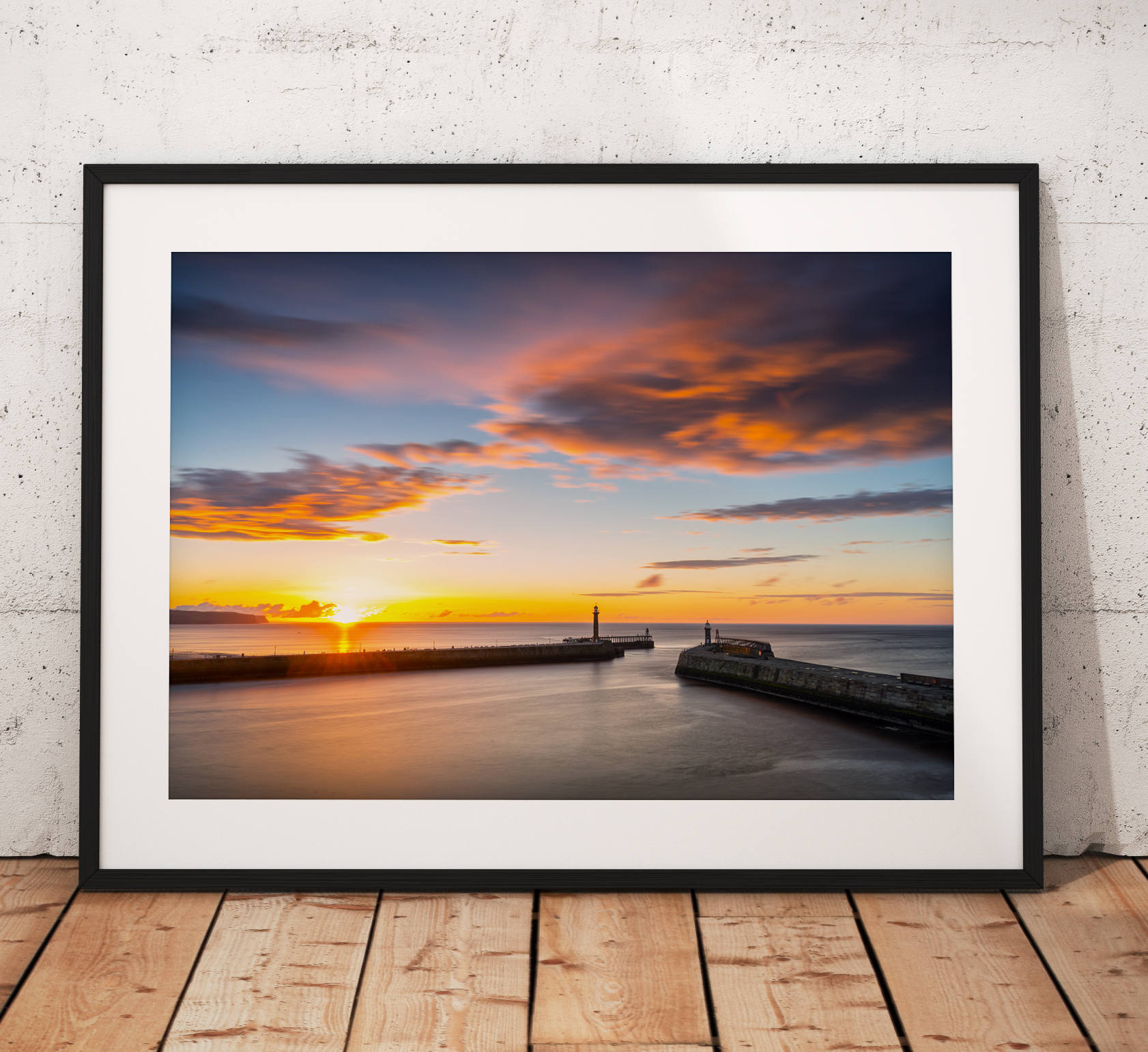 Seaside landscape photography Whitby Pier, Sunset, coast, glow, North York Moors, England. Landscape Photo. long exposure. Wall Art.