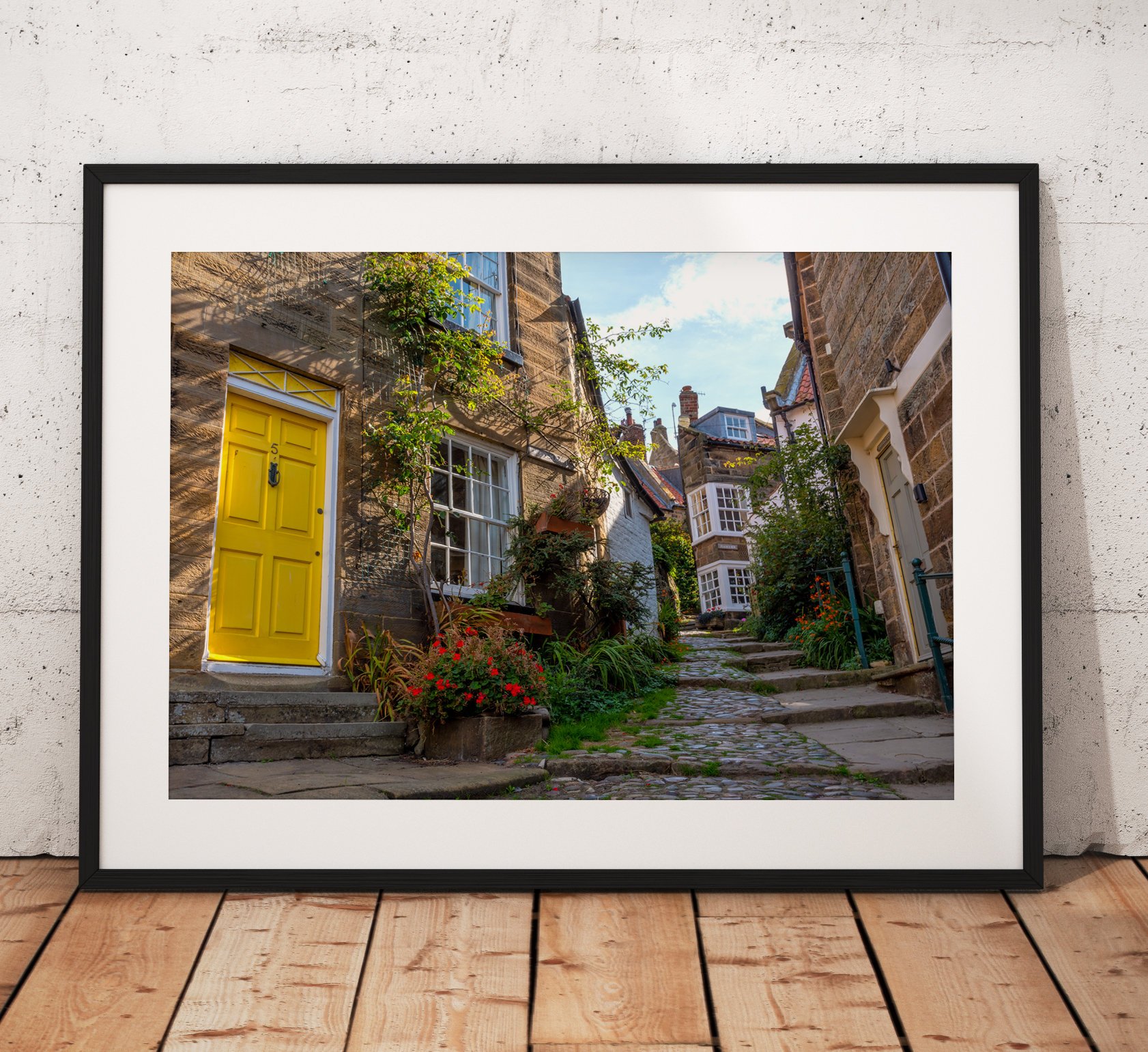 Street landscape Photograph of Robin Hoods Bay/ Print/ Sunrise/ North York Moors/ England/ Photo/ Yellow Door/ Mounted print/ Wall Art.
