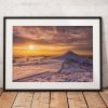 Winter sunset landscape photography.  Roseberry Topping, photography print, Snow, North York Moors, England. landscape Photo. Wall Art.