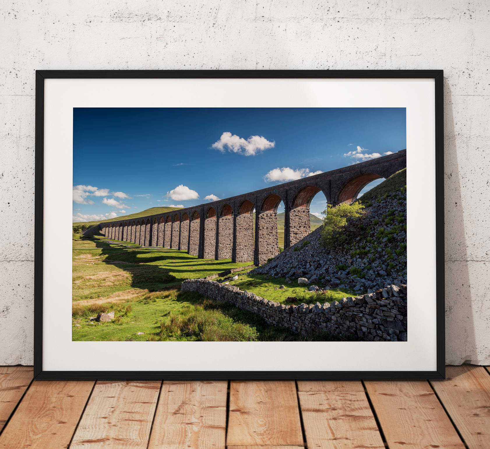 Yorkshire Dales Photography, Ribblehead Viaduct, stone wall, Railway, Summer, Cloud, England.  Photo. Mounted print. Wall Art. Home Decor